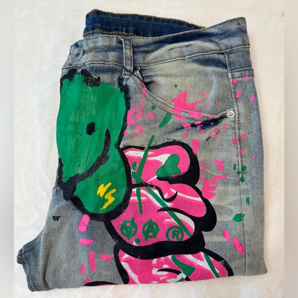 D’Andijieshen Punk Retro Graffiti Jeans Wear w/ Stretch Distressed Unisex - Picture 1 of 14